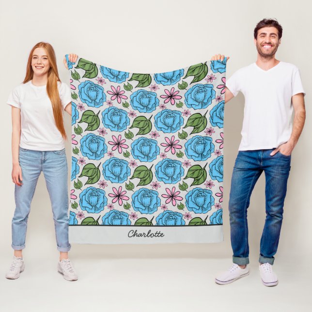 Nahtlose Blumenmuster, blau und rosa, personalisie Fleecedecke (Beispiel)