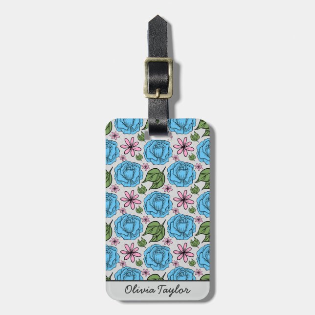 Nahtlose Blumenmuster, blau und rosa, personalisie Gepäckanhänger (Vorderseite vertikal)