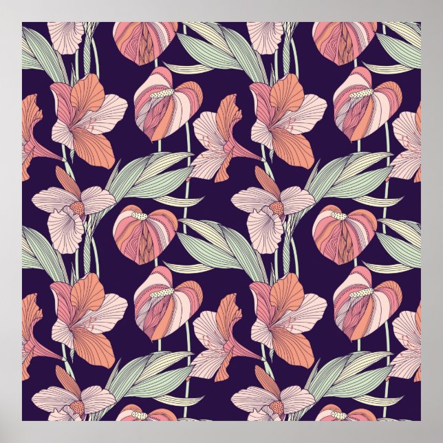 Nahtlose Blumenmuster, Blume, Orchidee, Moderne Poster (Vorne)