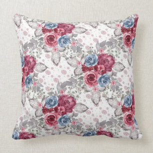 Nahtlose Blumenmuster - Dusty Blue und Burgund Kissen