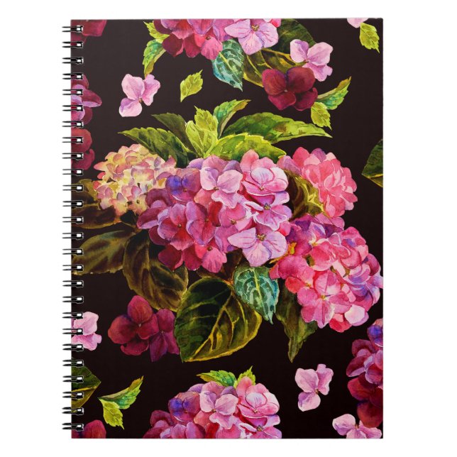 Nahtlose Blumenmuster. Hydrangea auf einem dunklen Notizblock (Vorderseite)
