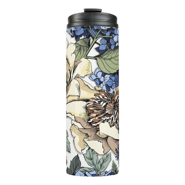 Nahtlose Blumenmuster. Hydrangea, Peony, wildf Thermosbecher (Vorderseite)