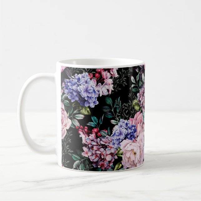 Nahtlose Blumenmuster mit Blume auf dunklem Hinter Kaffeetasse (Links)