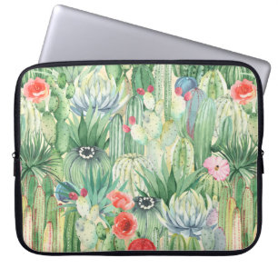 Nahtlose Blumenmuster mit Kakteen, Sukkulturen und Laptopschutzhülle