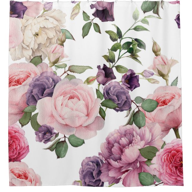 Nahtlose Blumenmuster mit Rose, Aquarell. Duschvorhang (Vorderseite)