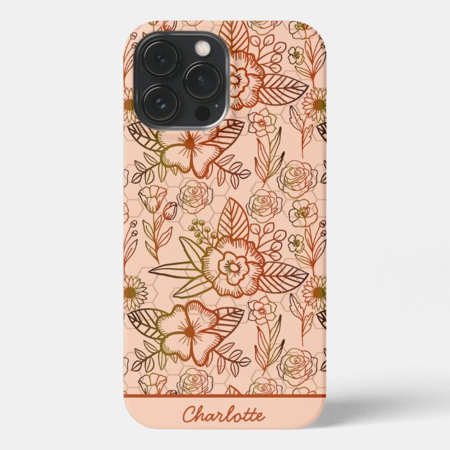 Nahtlose Blumenmuster rosa personalisierter Name iPhone 13 Pro Max Hülle (Rückseite)
