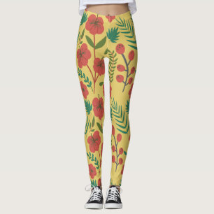Nahtlose Blumenmuster, rot-gelb-grüne Blume Leggings