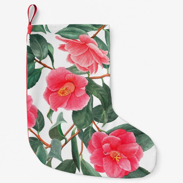 Nahtlose Blumenmuster, rote Kamelien-Blume mit Kleiner Weihnachtsstrumpf (Vorderseite)