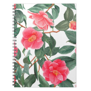 Nahtlose Blumenmuster, rote Kamelien-Blume mit Notizblock