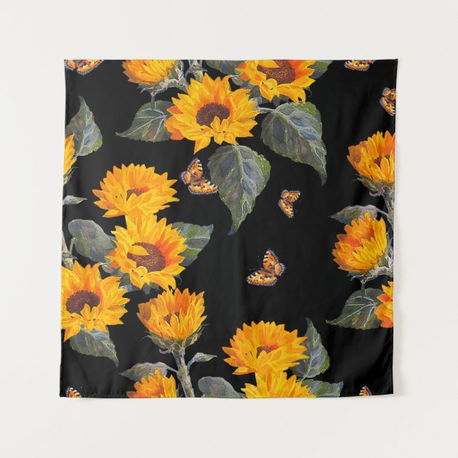 Nahtlose Blumenmuster Sonnenblumen auf schwarzem R Wandteppich (Vorderseite)