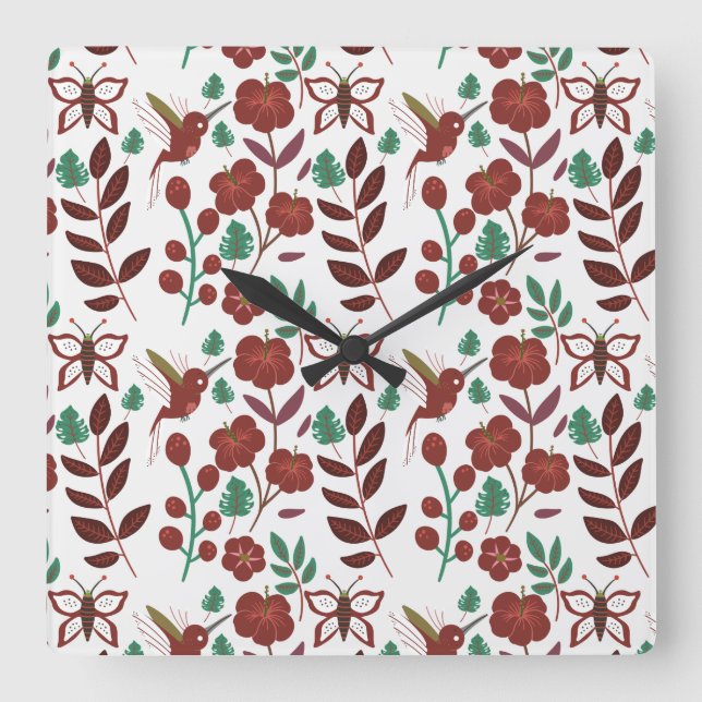Nahtlose Blumenmuster, Vögel und Schmetterlinge Quadratische Wanduhr (Vorderseite)