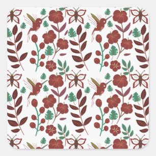 Nahtlose Blumenmuster, Vögel und Schmetterlinge Quadratischer Aufkleber