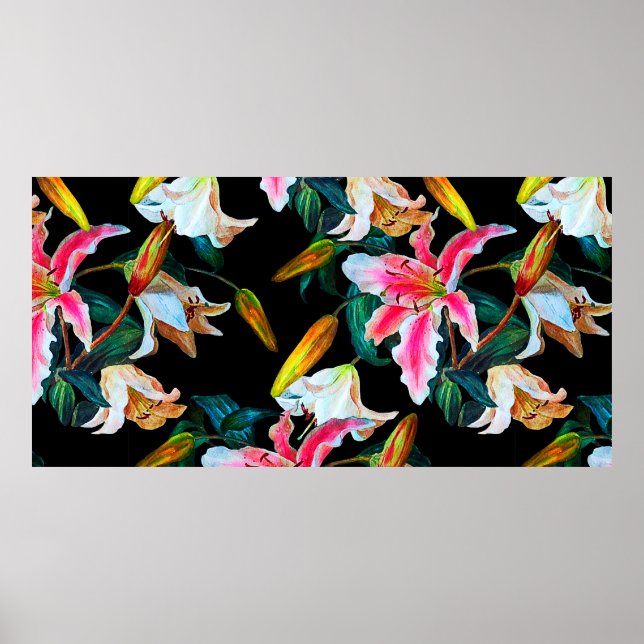 Nahtlose Blumenmuster. Weiße und rosa Lilie auf ei Poster (Vorne)