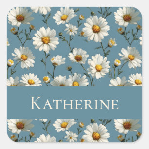 Nahtlose Daisy-Blume-Muster auf blau Quadratischer Aufkleber
