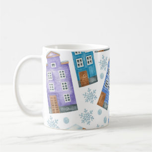 Nahtlose Darstellung von Winterhäusern und Schnee Kaffeetasse