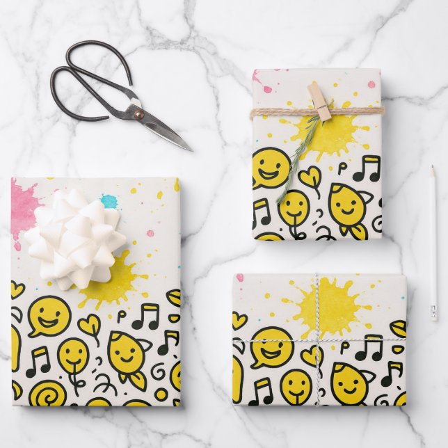 Nahtlose Doodle Art Border in Gelb und Schwarz Tin Geschenkpapier Set (Vorderseite)