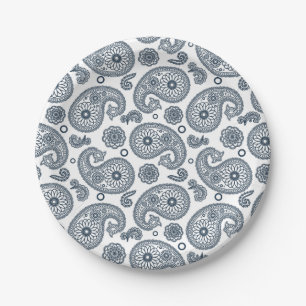 Nahtlose dunkelblaue Paisley-Muster in Weiß Pappteller