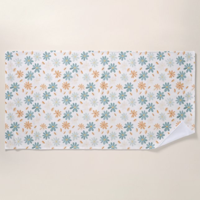 Nahtlose dunkle Blume in Blau, Orange und Gelb Strandtuch (Vorderseite)