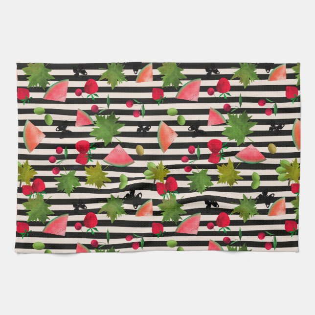 Nahtlose Frischobst Berries Wasserfarbener Cartoon Geschirrtuch (Horizontal)