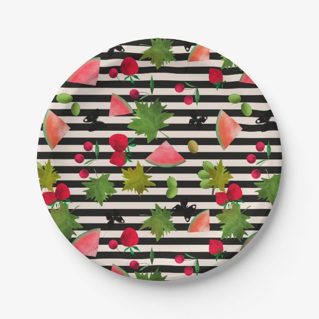 Nahtlose Frischobst Berries Wasserfarbener Cartoon Pappteller (Vorderseite)