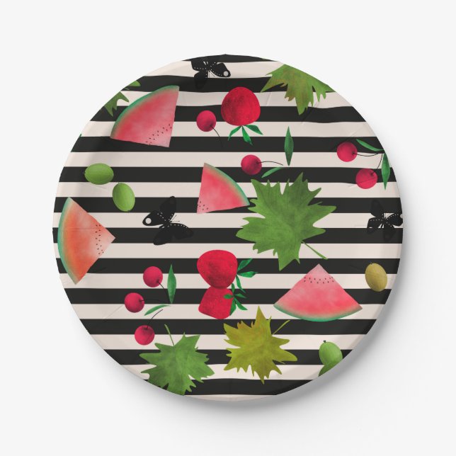 Nahtlose Frischobst Berries Wasserfarbener Cartoon Pappteller (Vorderseite)