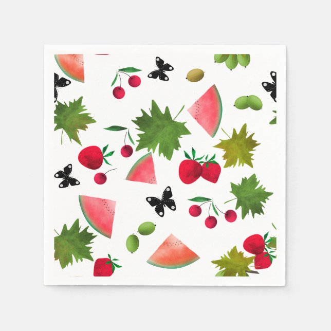 Nahtlose Frischobst Berries Wasserfarbener Cartoon Serviette (Vorderseite)