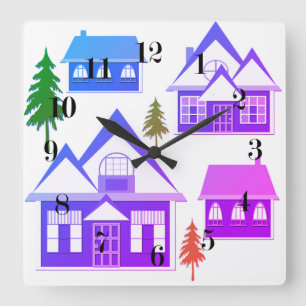 Nahtlose frohe Weihnachten violett rosa Häuser grü Quadratische Wanduhr