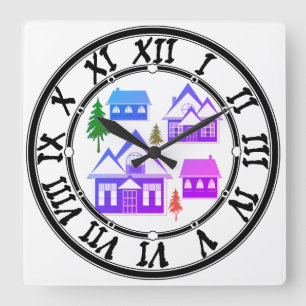 Nahtlose frohe Weihnachten violett rosa Häuser grü Quadratische Wanduhr