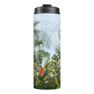 Nahtlose Grenze mit Dschungelbäumen und Blume. Vin Thermosbecher