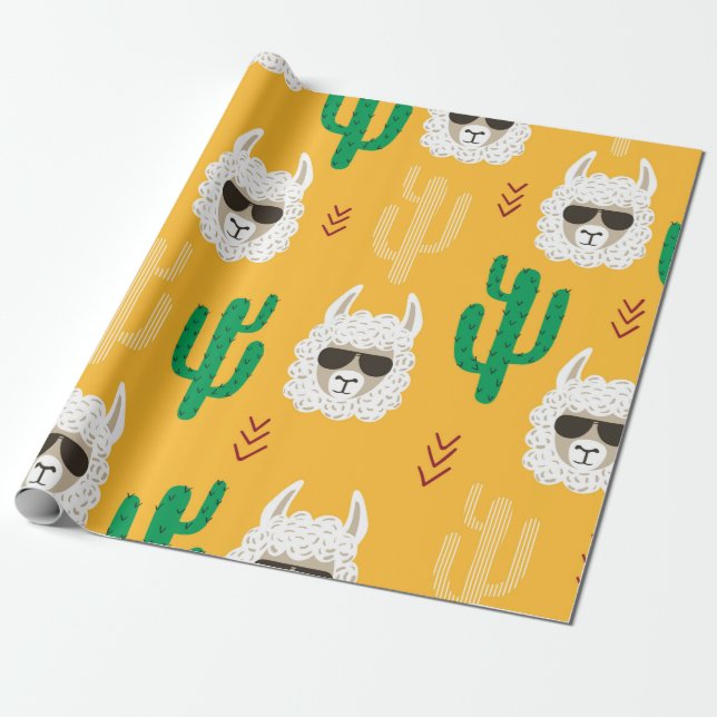 Nahtlose Lama- und Kaktusmuster in Hell Geschenkpapier (Ungerollt)
