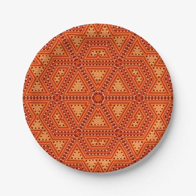 Nahtlose Mosaik-abstrakte Kaleidoskop-Orangentrion Pappteller (Vorderseite)