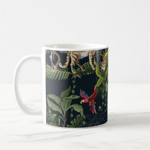 Nahtlose Muster mit Dschungeltieren, Blume und Kaffeetasse