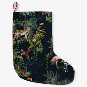 Nahtlose Muster mit Dschungeltieren, Blume und Kleiner Weihnachtsstrumpf