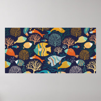 Nahtlose Muster mit farbigen Fischen und aquatisch Poster