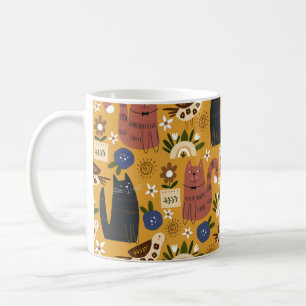 Nahtlose Muster mit niedlichen Katzen und Vögeln.  Kaffeetasse