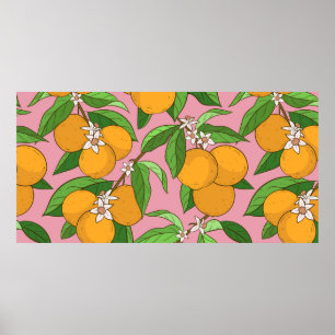 Nahtlose Muster mit Orangen, Blätter, weißen Blume Poster