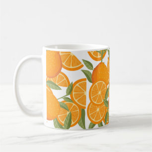 Nahtlose Muster orangefarbener Zitrusfrüchte, die Kaffeetasse