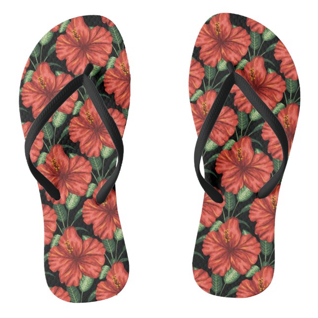 Nahtlose Muster Tropisch rote Blume grüne Blätter Flip Flops (Fußbett)