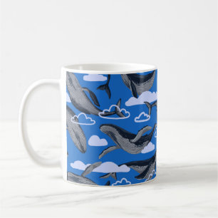 Nahtlose Muster von Blauwalen. Handgezogener Wein Kaffeetasse