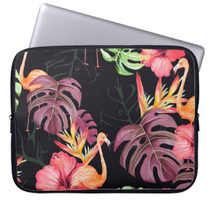 Nahtlose Muster von Hibiskus Blume, Flamingos und Laptopschutzhülle