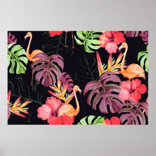 Nahtlose Muster von Hibiskus Blume, Flamingos und Poster