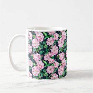 Nahtlose Muster von Zweigen von Rose, Knospen und Kaffeetasse