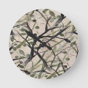 Nahtlose Olive Branch Abstrakt Art Muster Runde Wanduhr