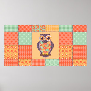 Nahtlose Patchwork-Eule-Muster. Vintager Hintergru Poster