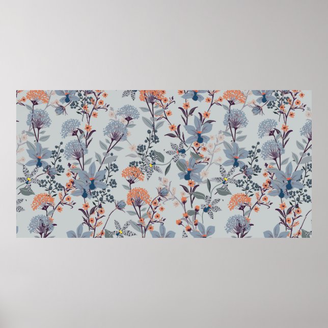 Nahtlose Patternwilde Blume, Abgeschieden auf blau Poster (Vorne)
