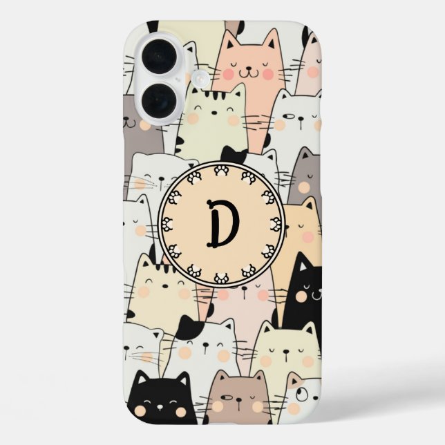 Nahtlose Retro-Illustration Katzenmonogramm iPhone 16 Plus Hülle (Rückseite)