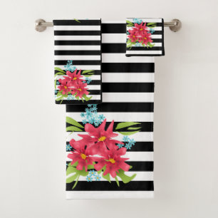 Nahtlose rosa Blume mit Schwarz-weißem Streifen Badhandtuch Set