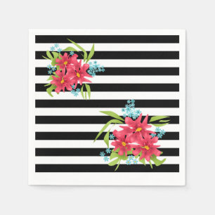 Nahtlose rosa Blume mit Schwarz-weißem Streifen Serviette