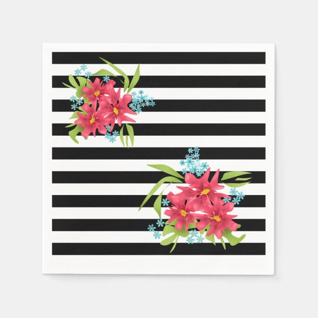 Nahtlose rosa Blume mit Schwarz-weißem Streifen Serviette (Vorderseite)