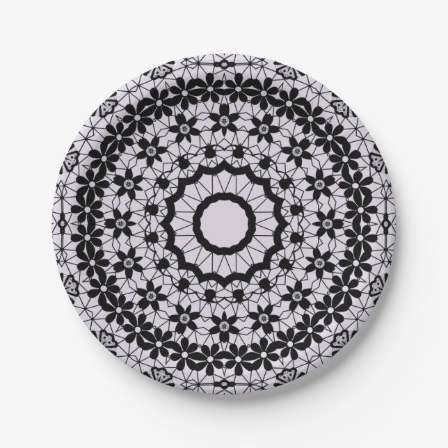 Nahtlose schwarze Spitzen Retrozitornament romanti Pappteller (Vorderseite)